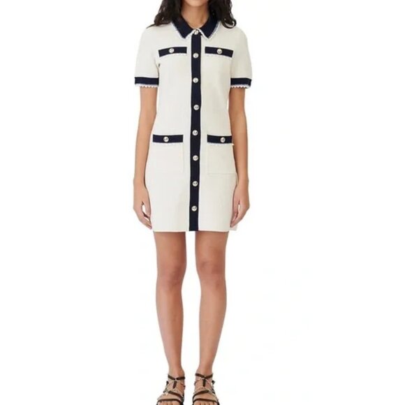 MAJE Women's Short Sleeve Contrast Knit Polo Dress Size 32 In White/Blue - Picture 1 of 9